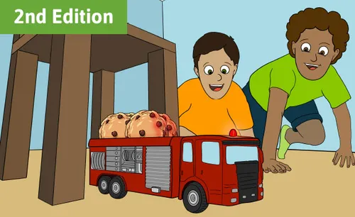 Illustration of two children watching an electric toy firetruck run under a chair. The firetruck has lights and it is carrying an oatmeal raisin cookie.