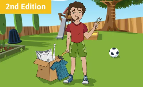 Illustration of a confused boy standing in a backyard. He has a box of stuff sitting next to him and he is holding a fork, but the things aren't made of what he expected them to be made of. The fork is feathers, the pillow is metal, there's a t-shirt that's wood, and a baseball bat made of cotton. What's going on?
