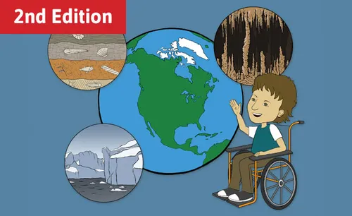 Child in a wheelchair pointing to a globe surrounded by circles that represent Earth's layers, glaciers, and cave formations