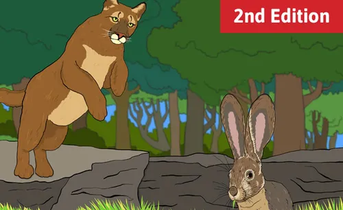 Illustration of a rabbit in a forest. There is a puma ready to pounce on the rabbit from its position on some rocks.