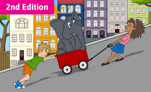 Two children, one pushing and one pulling an elephant in a wagon up a steep hill. There is a neighborhood in the background.