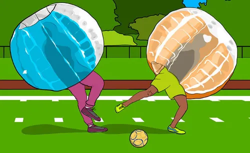 Illustration of two children playing bubble soccer. There is a soccer ball on the field. One student bounced of the other student and is going to fall.