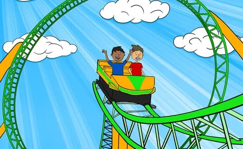 Illustration two boys riding on a roller coaster.