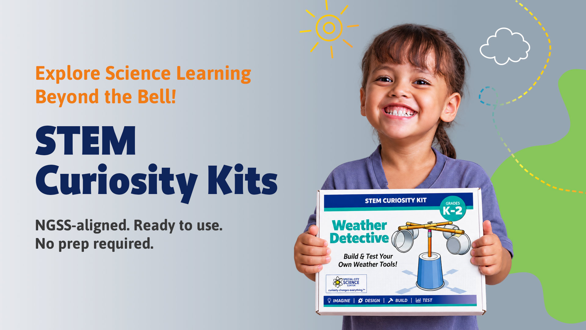 Smiling girl holding a STEM Curiosity Kit box